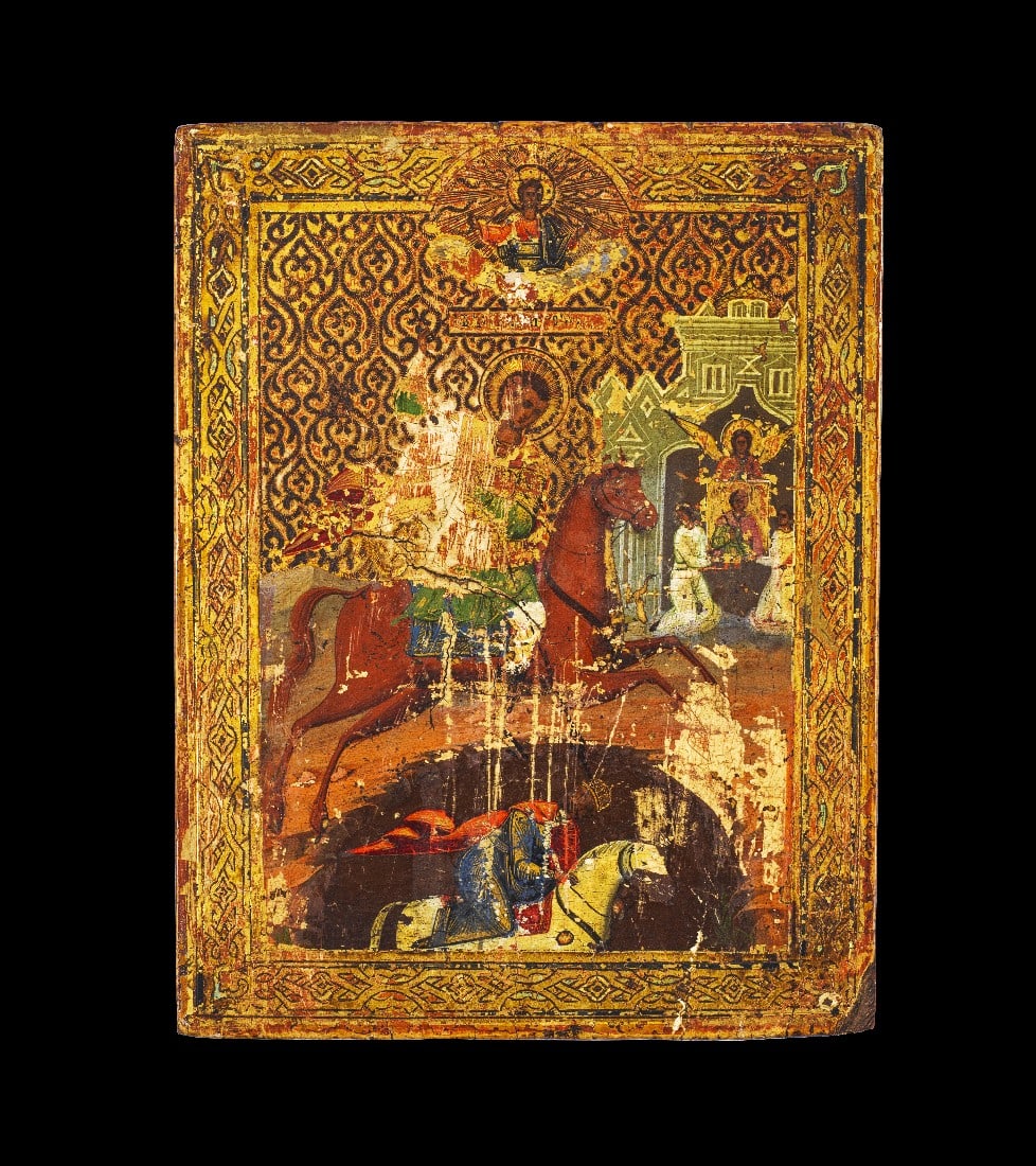 Feine Ikone mit dem Hl. Georg im Sieg über den heidnischen König, vor der Ikone der Gottesmutter: Feine Ikone mit dem "Hl. Georg im Sieg über den heidnischen König, vor der Ikone der Gottesmutter Hodegetria". Zentralrussland, wahrscheinlich Jaroslawl oder Kostroma, 2. Hälfte 19. Jh. H 22cm,