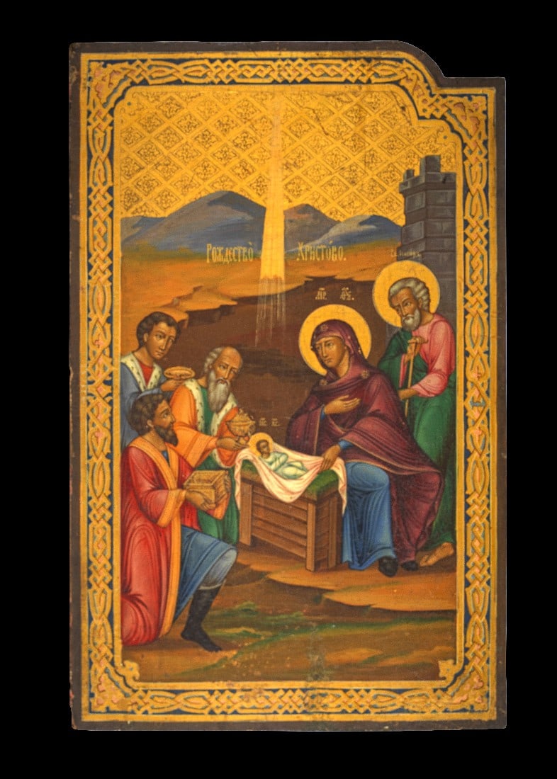 Großformatige Ikone mit der Geburt Christi (Teil eines Diptychons).: Großformatige Ikone mit der "Geburt Christi" (Teil eines Diptychons). Moskauer Schule, Russland, 19. Jahrhundert. H 73,5cm, B 47cm. Eitempera auf Kreidegrund, Holztafel mit zwei rückseitigen