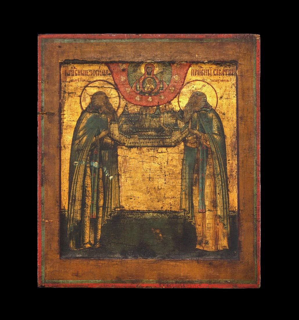 Zosima und Savvatij von Solovki mit Widmungsinschrift von Danilovich Egoreyev.: Zosima und Savvatij von Solovki mit Widmungsinschrift von Danilovich Egoreyev. Russland, Jaroslawl, datiert 1916. H 30,5cm, B 26,8cm. Eitempera und Gold auf Kreidegrund. Holztafel mit