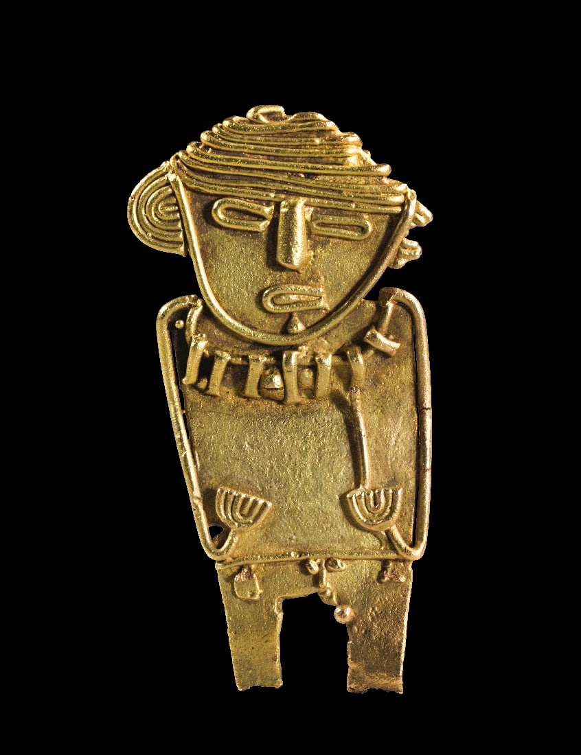 Goldfigur (tunjo) der Chibcha / Muisca.: Goldfigur (tunjo) der Chibcha / Muisca. ca. 1200 - 1500 n. Chr. H 5,3cm, 9,51g. Stilisierte Votivfigur aus flachem Goldblech und Golddraehten mit vor dem Bauch gelegten Haenden und leicht schraeg