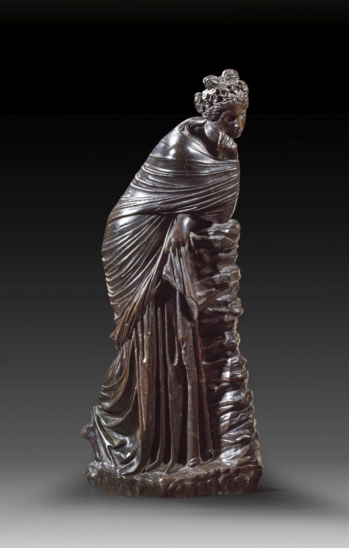 Bronzeskulptur der Polyhymnia (Muse der Hymnendichtung): Bronzeskulptur der Polyhymnia (Muse der Hymnendichtung) Um 1840/1850. Originalreproduktion von Achille Collas (1795-1859), dem beruehmten Erfinder der machine ? reduction. Nach dem Vorbild der