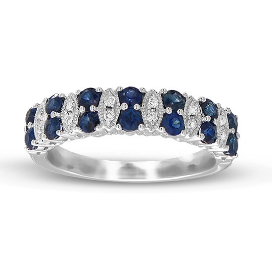 0.90 ct. Natural Diamond and Sapphire Band in 14k White Gold: This eye-catching sapphire and diamond ring is set in 14K white gold. 3.24 Grams. The round sapphire in this ring have a total carat weight of 0.78 carats. The diamonds have a total carat weight of 0.