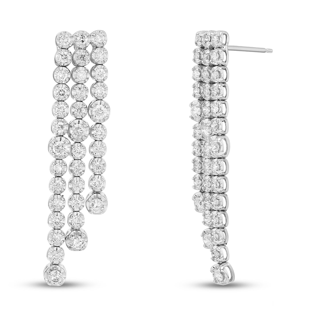 2.00 ct. Natural Round Diamonds Dangling Earrings in 14k White Gold: These dangling diamond earrings have a 2.00 ct. of diamonds. These earrings are in 14k white gold 3.22 Grams. Natural Diamond Specifications : Count: 72 diamonds : Shape: Round : TCW: 2.00 ct. Color: 