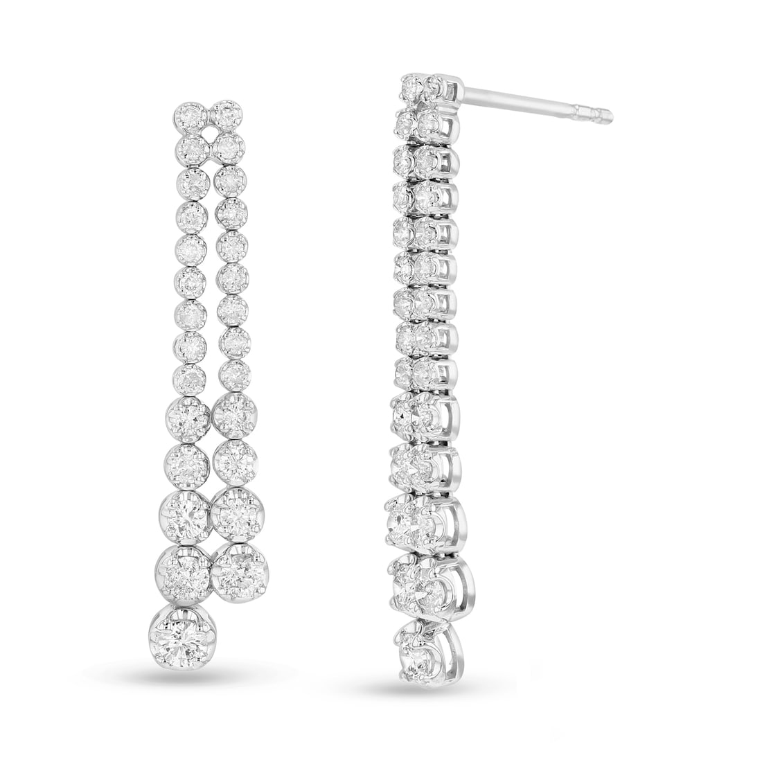 1.00 ct. Natural Round Diamond Dangle Earrings in 14k White Gold: These drop earrings have 1.00 ctw set in 14K white gold 2.53 Grams. Diamond Specifications- Count: 52 diamonds. Shape: Round. TCW: 1.00 ct. Color: H-I. Treatment: None. Clarity: VS/SI1. Setting: Prong