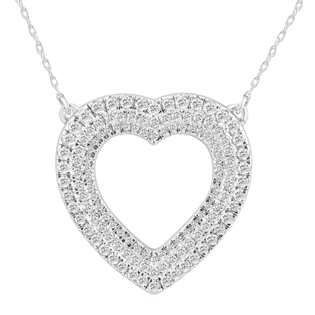 1.25 ct. Natural Diamond Heart Pendant & Necklace in 10k White Gold (G-H, I1): Heart shaped pendant features 1.25 ct. natural diamonds pave set in 10k white gold. 18 inch chain included. Diamond Specifications: Count: 126 diamonds Shape: Round TCW: 1.25 ct. Type: Natural Diamond