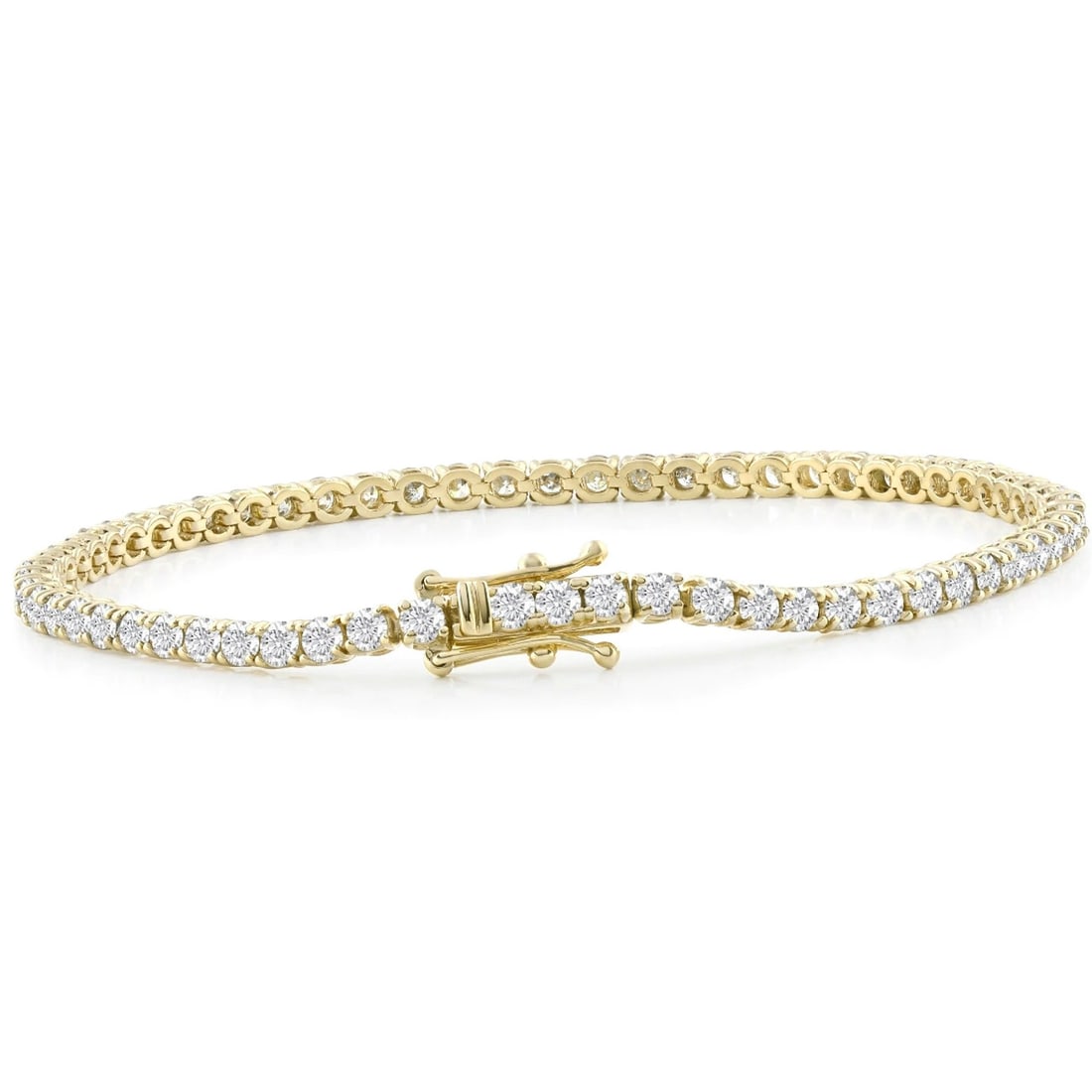 6.00 ct. Natural Moissanite Tennis Bracelet in 18K Yellow Gold: This women's tennis bracelet features 6.00 ct. natural moissanite stones prong set in 18k yellow gold. The clasp is a double locking securing feature. Stone Specifications: Count: 73 stones Shape: Rou