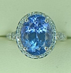 5.66 ct. Tanzanite & Natural Diamond Halo Ring 14k White Gold (1 of 6)
