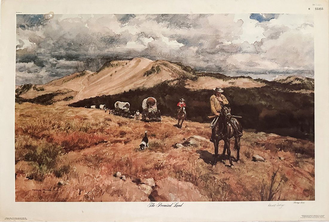 Vintage Print "The promised Land" by Donald Teague: Vintage print signed Dents, creases present please read condition report.