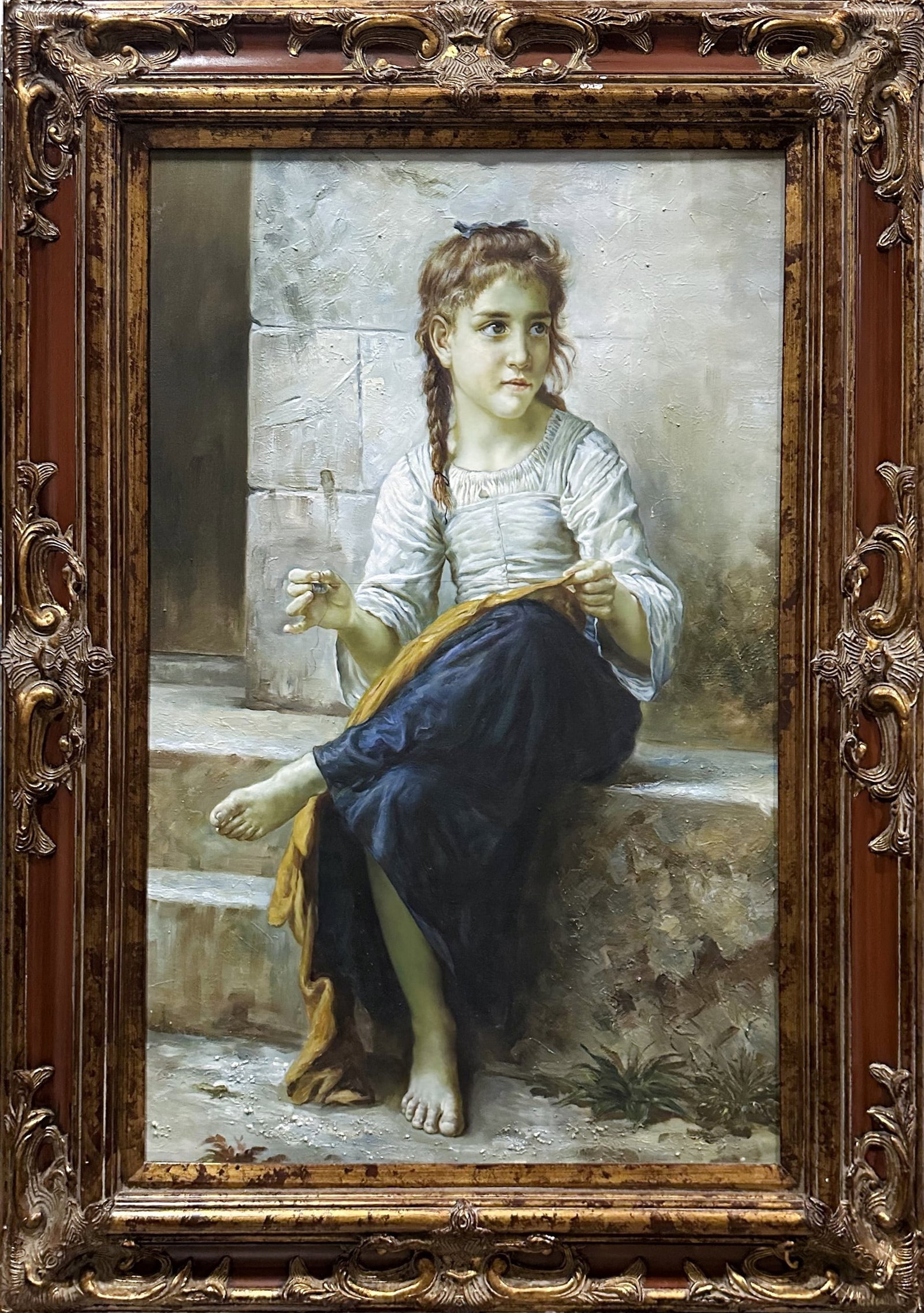 Vintage Oil on Canvas Sewing After William-Adolphe Bouguereau Decorative Painting: Vintage Oil on Canvas Sewing After William-Adolphe Bouguereau Decorative Painting. Custom framed with luxury gallery frame. Approximate frame size 46” x 34” x 1”. Approximate canvas 