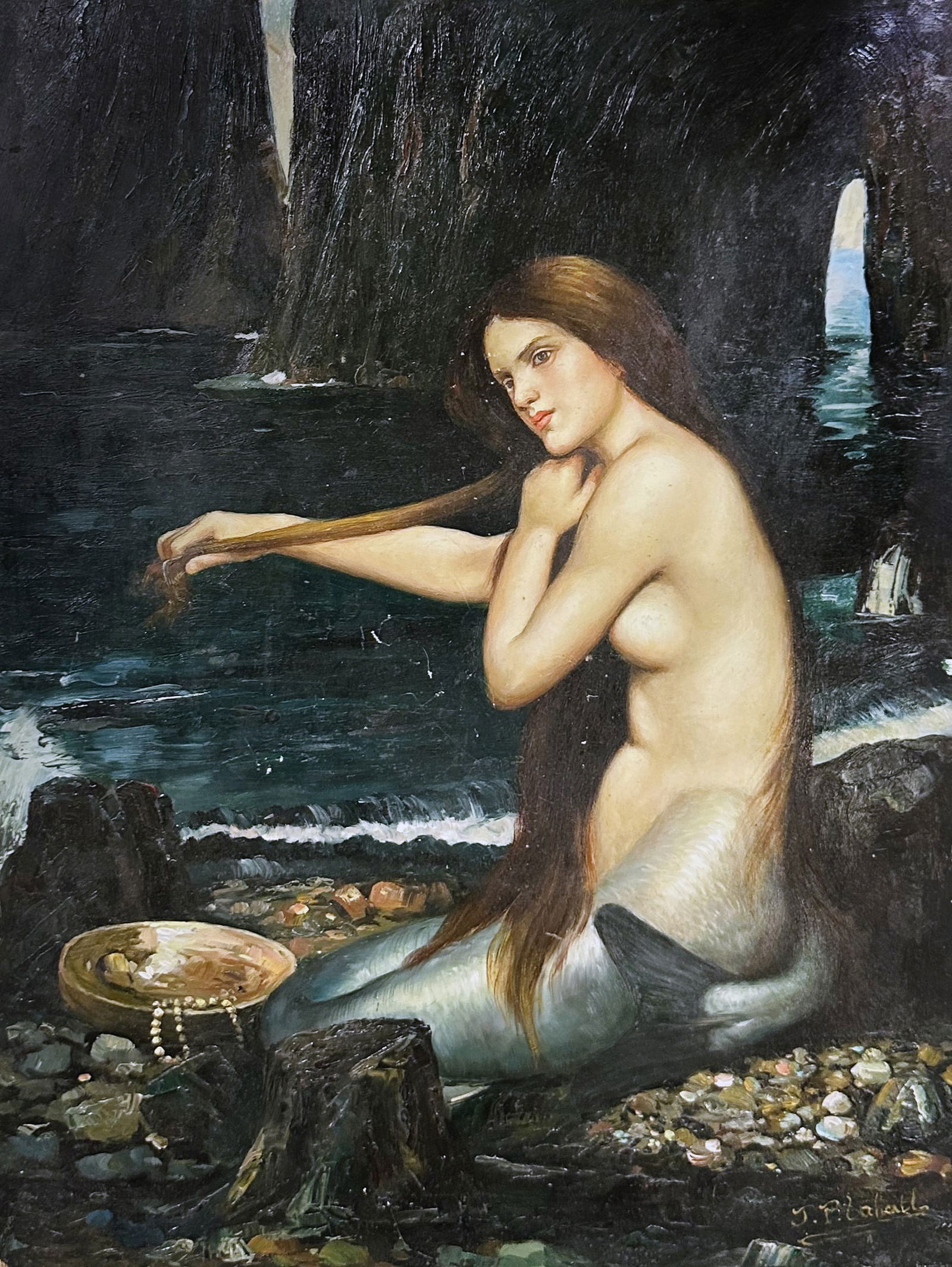 Oil on Board The Mermaid After John William Waterhouse Decorative Painting: Beautiful Oil on Board The Mermaid. Signed by the artist. Approximate canvas size 16” x 12” stretched on board frame ready for framing.