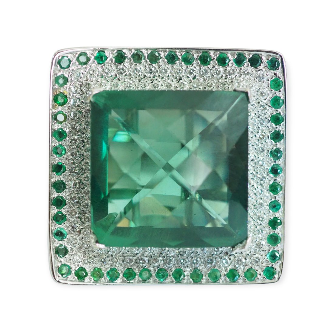 NO RESERVE Estate 18K White Gold 28.45ct Green Quartz & Brilliant Diamond & Emerald Jumbo Ring (1 of 8)