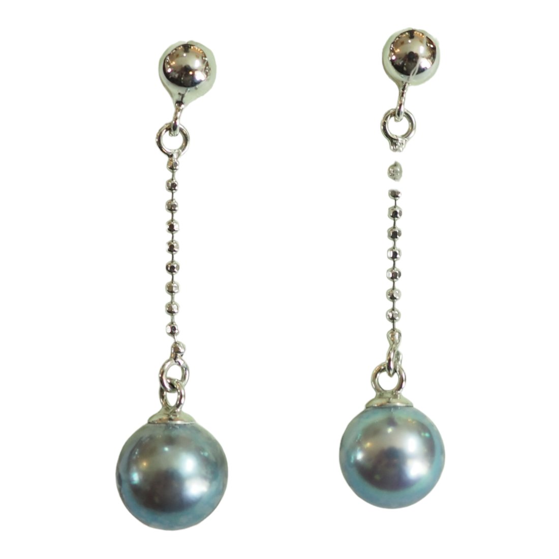 NO RESERVE Estate 18K Solid White Gold 6.75mm & 7mm Grey Pearl Dangle Drop Earrings (1 of 4)