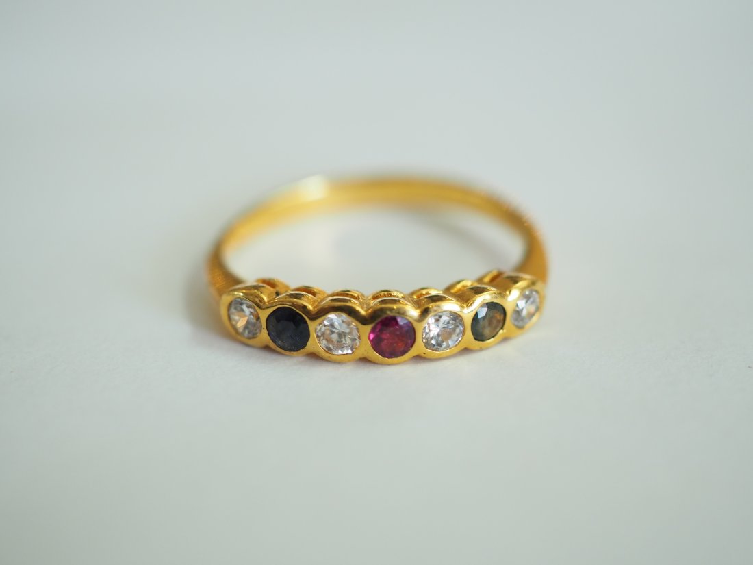 NO RESERVE Gold Micron 18K Overlay/ Brass CZ, Multi-Color Sapphires 7.5 US Size Ring (1 of 4)