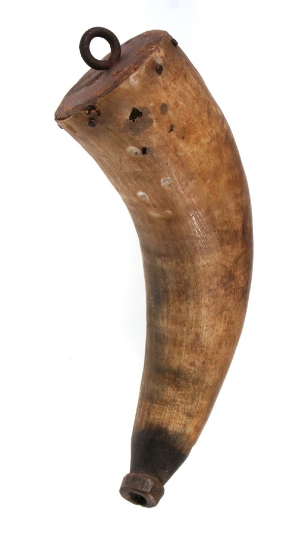 Nice Powderhorn! Circa 1800's: 6 1/2" Powderhorn found in South Carolina Ex. Elijah Oakes collection. Nicely carved horn. Original tacks in good condition.