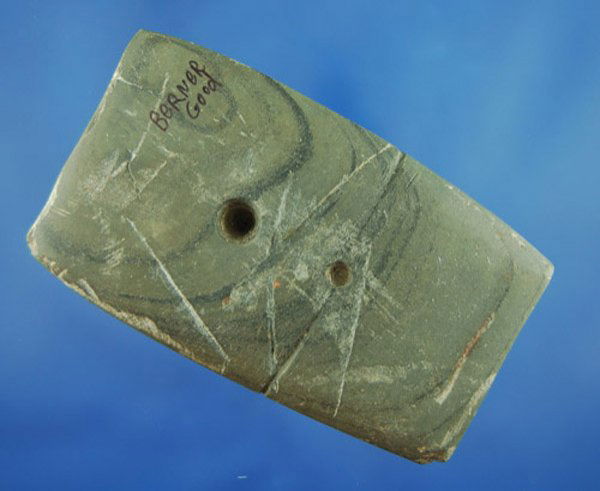 4" long Slate Gorget found in OH. Partially drille: 4" long Slate Gorget found in OH. Partially drilled on both sides. Jeff Baker COA