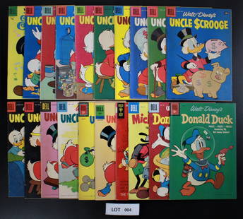 DELL Walt Disney Comics Group of 20: 20 Books total in this lot. Four Color #795, Uncle Scrooge #13, 14, 15, 16, 17, 18, 19, 20, 21, 25, 28, 29, 31, 34, 38, 64, Mickey Mouse #54, Donald Duck #45, 77. Lot is considered to be in LOW-MID