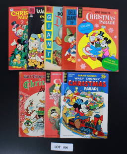 DELL / GOLD KEY Walt Disney Comics Group of 8: This lot contains 8 books total. Includes the following: Walt Disney Christmas Parade (1977), Four Color #199, Dell Giant Donald Duck in Disneyland #1 (Bottom cover tear), Dell Giant Uncle Donald