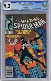 Amazing Spider-Man #252 CGC 9.2 1984 Newsstand Edition: Amazing Spider-Man #252 | Marvel 5/84 | CGC Graded 9.2 | WHITE Pages. Professionally graded/encapsulated. 1st appearance of the black costume. Amazing Fantasy #15 homage cover. Newsstand Edition.