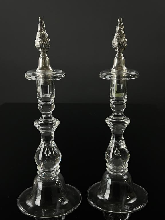 Signed Steuben Teardrop Candle Sticks w/ tops W/ Silver Flame Tops (1 of 6)