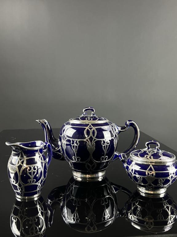 Ornate Silver Overlayed Lenox Tea Set Dark Blue (1 of 8)