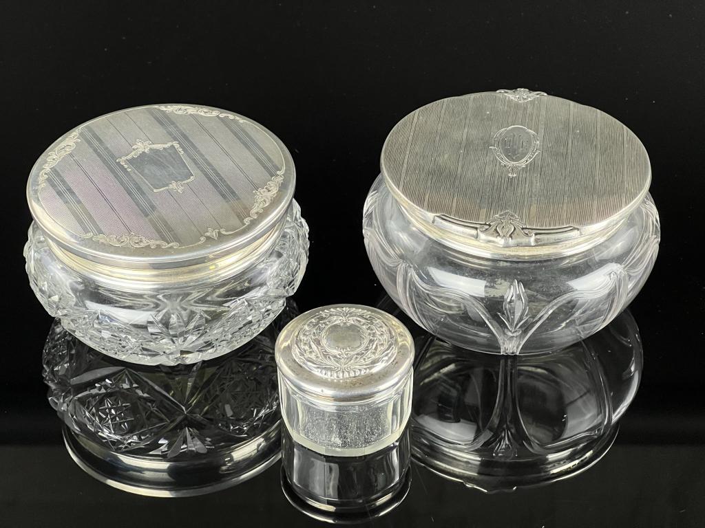 (3) Whitting Gorham Birks Sterling and Cut Glass Lot of 3 Sterling and Cut Glass Hair Receivers: See details in photos