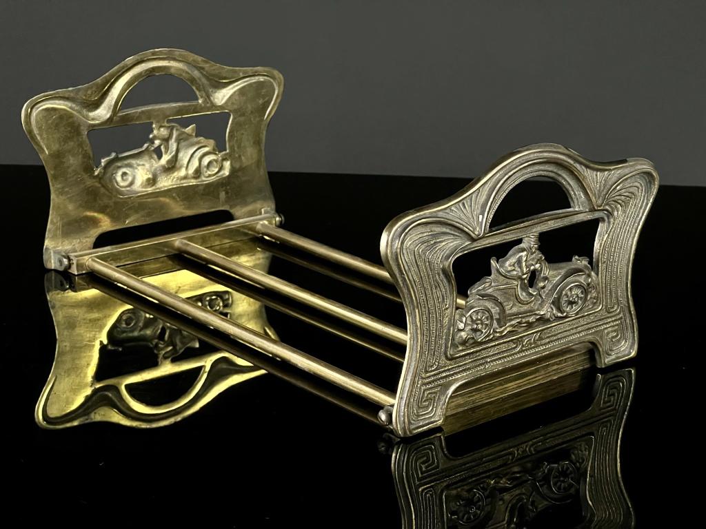 Art Nouveau Bronze Automobile Book Ends: Overall excellent shape, missing one screw (any hardware store should carry) MEASURES 12" x 7" but extends.