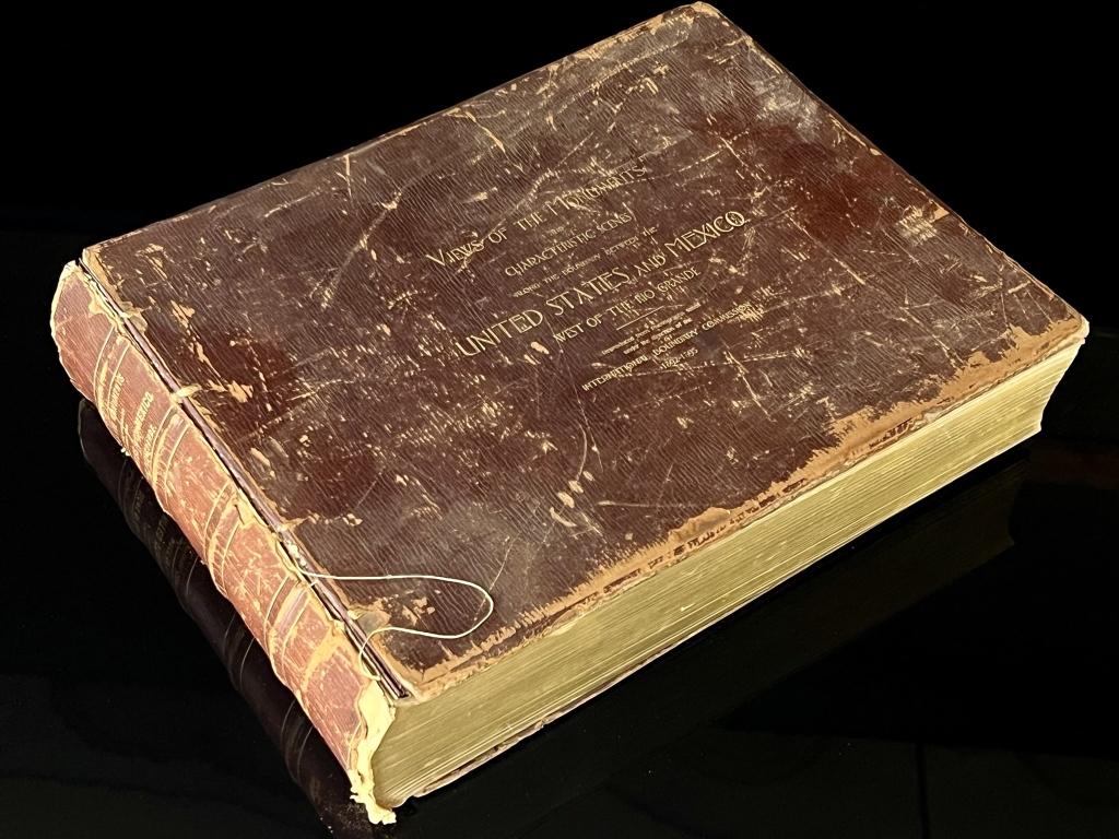1895 Wild West American Mexican Border Book: Published by the International Border Commission 1895. This book of Photographs profusely illustrates the Wild West and placement of obelisk along the Mexican American border. Indians, Cowboys, Small