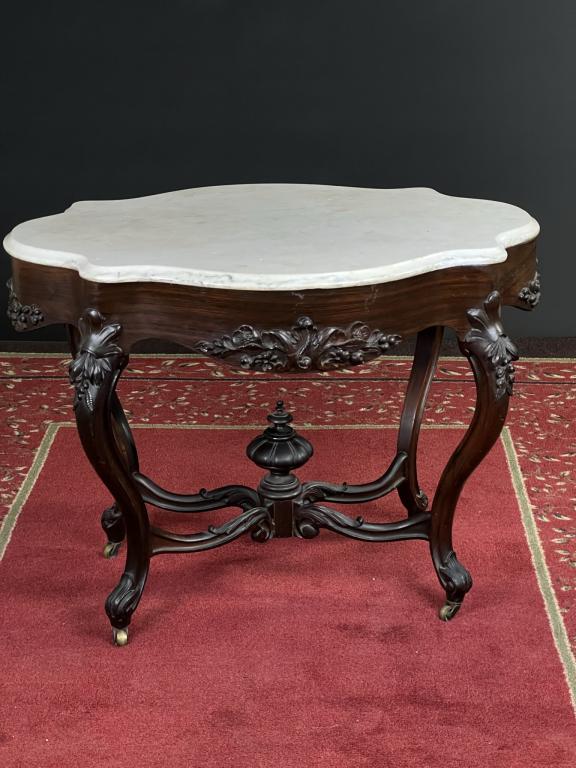 Victorian Marble Turtle Back Table: Excellent Condition MEASURES 28" Tall x 34" Wide x 22" Deep WE CAN SHIP FREIGHT CALL FOR QUOTE