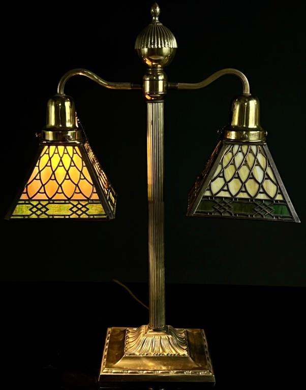 Double Armed Lamp w/ Handel Shades Brass lamp with Handel Slag Glass shades. A few cracks to some of (1 of 11)