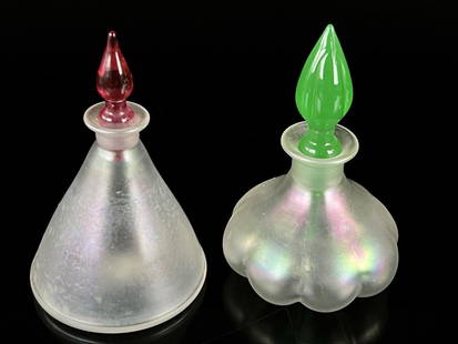 RARE Carder Steuben Verre De Soie Perfume Bottles: Steuben Ribbed Gourd Perfume with Jade Green Stopper is in excellent shape, no cracks chips or breaks. Steuben Perfume with Rosaline Stopper does have a