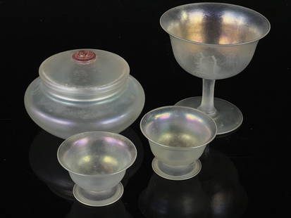 Steuben Verre De Soie Lot: Wonderful lot, all the pieces are in excellent condition, with the exception of the vanity box which is missing the Rosaline Handle. Measure as follows: Stemmed Cup 4" Tall, Vanity