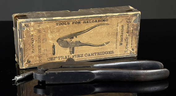 Pat. 1874 Winchester .32 Reloading Tool w/ Box: Patent date 1874, 32 W.C.F for the Model 1873 & 1892 Rifles. Most remarkable thing about this tool, IT RETAINS IT'S ORIGINAL BOX!