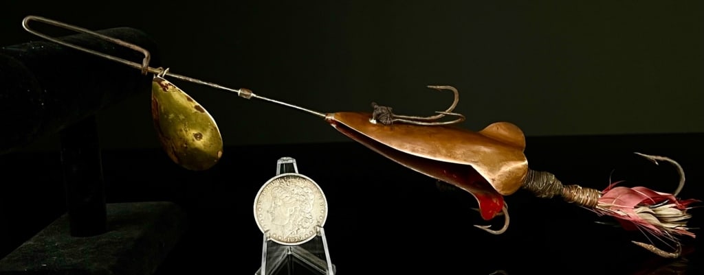 1800's Hand Made Brass Musky Fishing Lure: 13" expertly crafted, the metal spins when traveling threw the Water. Found in a Garage off Chataqua Lake.