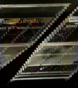 1896 Winchester Optical JT Robin Display Case: Exceptional Winchester Optical Display Case. Pat Date 1896 by J.T. Robin Co. Etched foiled Ad Glass, with the original display contents. Only flaw a break to the bottom which could be easily repaired
