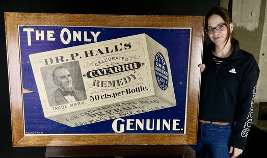 1900's Dr. Halls Remedy Apothecary Primitiv Poster: Turn of the Century Paper Poster adhered to Cardboard. Jim Custom built a beautiful Quarter Sawn Oak Frame. Sign Measures Roughly 4ft x 32" Frame to Frame.