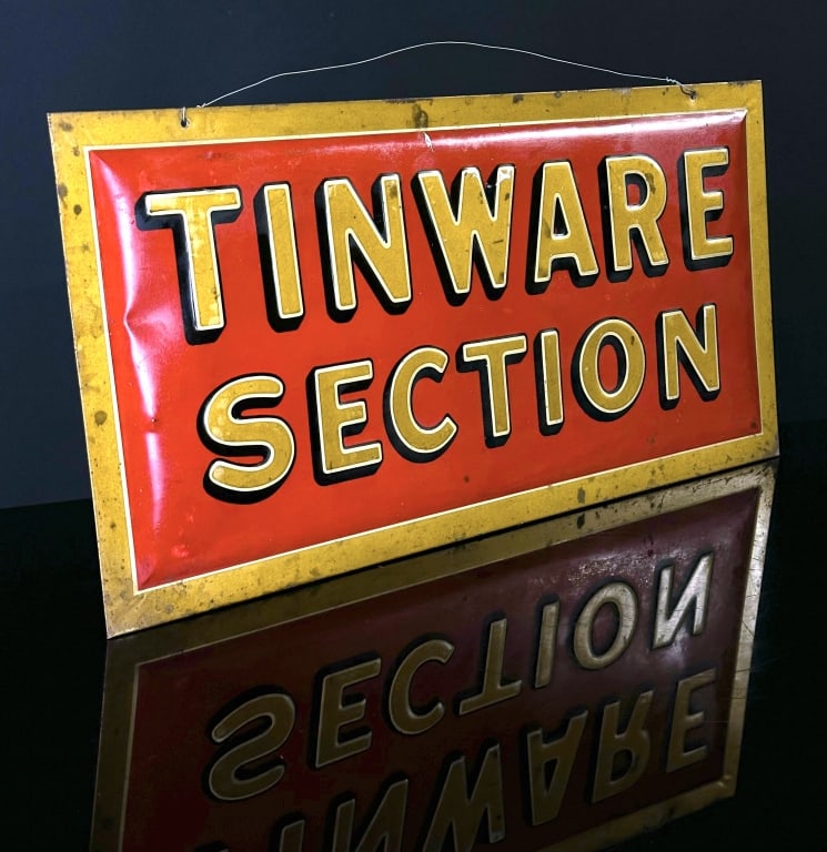 Tin Over Cardboard Early Tinware Section Sign (1 of 3)