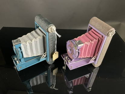 2 Kodak Rainbow Hawkeye Vest Pocket Cameras: Two beautiful and Rare Rainbow Hawkeye Kodak Vest Pocket Cameras. In Pink and Blue/Green?