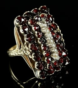 14k Gold Garnet and Seed Pearl Cocktail Ring
