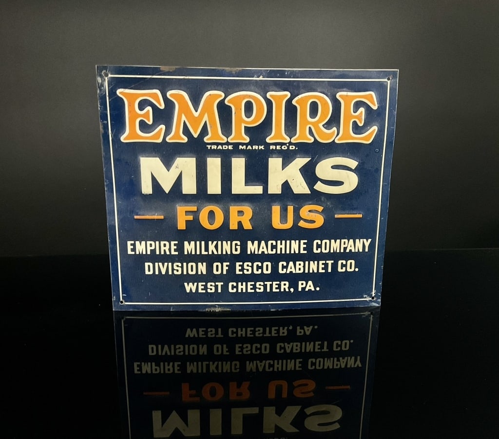 Empire Milk Tin Tacker Farm Sign: Excellent sign over all nice shape, only a little wear on the mounting holes. Measures: 13 1/2" x 10"