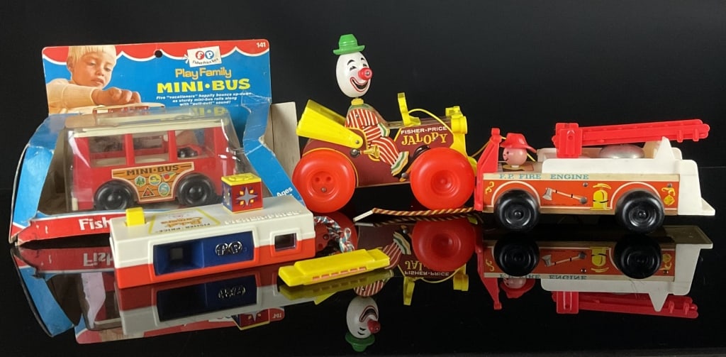 Vintage Fisher-price toys bus clown jalopy camera: Harmonica says pinocchio is not fisher price. Overall good condition on all toys. Box is rough for bus, but adds great value to the lot of toys here. See detailed photos for a visual grading.