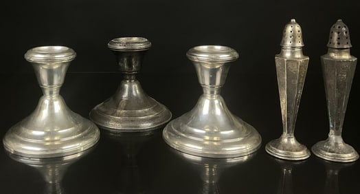 Weighted Sterling Candle Sticks & Salt and Peppers