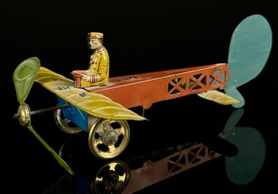 RARE 1912 German Penny Toys Tin Airplane W/ Rider