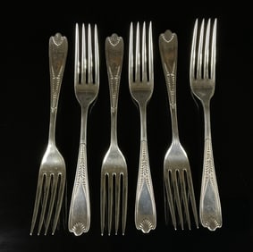 6 Sterling Shell & Bead Pattern Forks 9.2 ozt