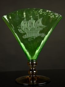 LARGE Carder Steuben Green Ship Fan Vase