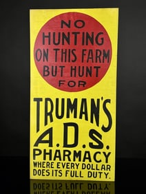 Ithaca Sign Co. Tin No Hunting Farm Pharmacy Sign