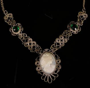 Ornate Silver Victorian Cameo Necklace: 10" In Length Clasped, Cameo Measures: 1"