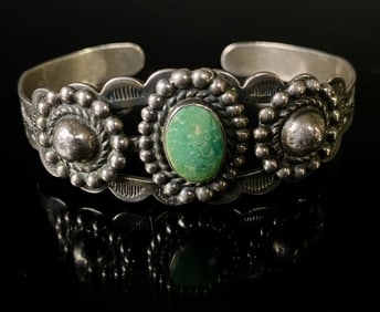 Coin Silver Turquois Navajo Cuff Stamped Bracelet