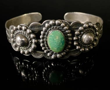 Coin Silver Turquois Navajo Cuff Stamped Bracelet: Wonderful Bracelet Stamped "Silver Products Coin Silver" Measures: 2 1/2" at its widest. The opening is 3/4" and the weight is 0.471otz