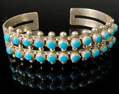 Bell Trading Sterling Turquoise Cuff Bracelet: Exceptional Bracelet with 2 Rows of Turquoise. Measures: 2 1/2" at its Widest, 1/2 Tall.