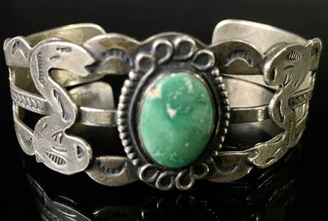 Sterling & Turquoise Serpent Motif Cuff Bracelet: Marked "Sterling" Measures 2 1/2" Wide. 1"